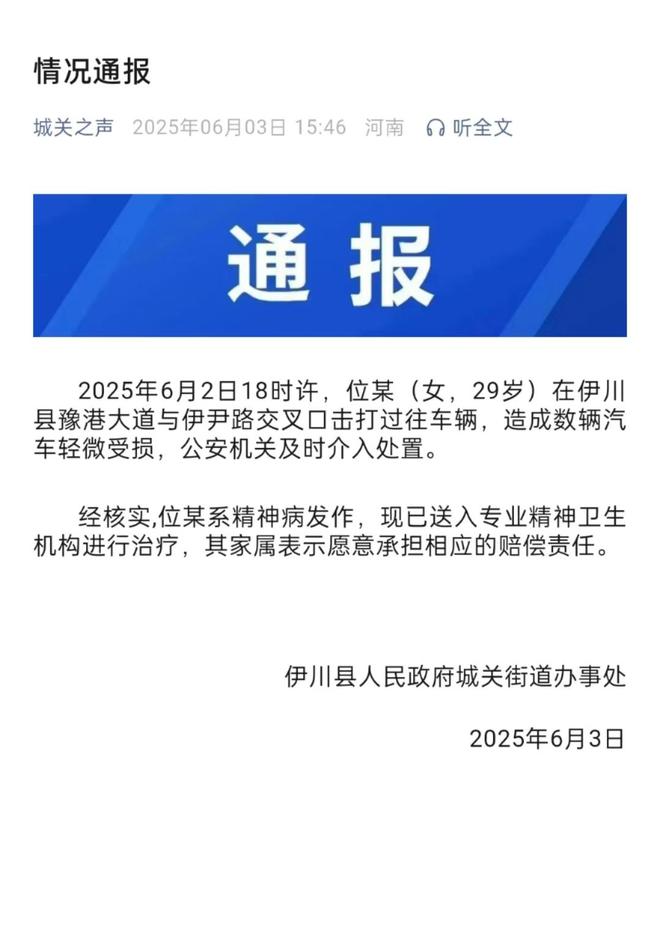 辆轿车通报：系精神病发作家属愿意承担赔偿pg电子免费模拟器游戏女子持械当街打砸多(图2)
